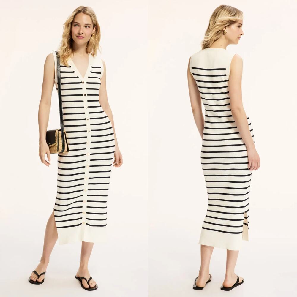 French Connection Nadina Dress Striped Rib Knit Sleeveless Midi Black & White S